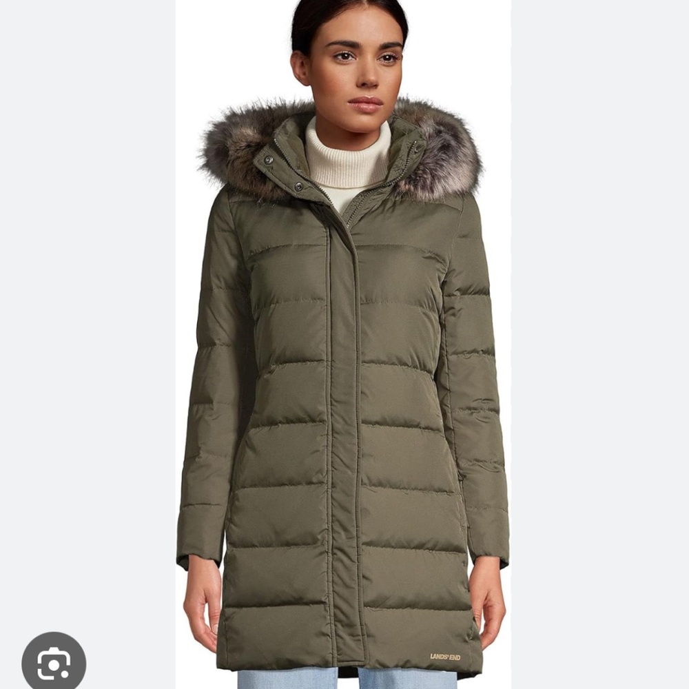 Lands' End Olive Puffer Jacket with Faux Fur Trim